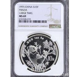 NGC MS69 China 10YUAN Coin China 1995 Panda Silver coin LARGE TWIG 1OZ