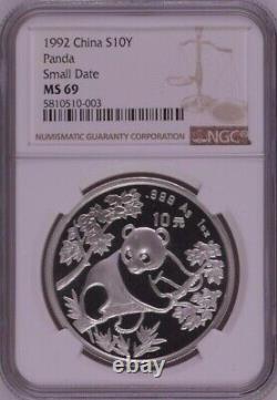 NGC MS69 China 1992 Small Date Panda Silver Coin 1oz 10 Yuan