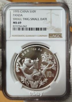 NGC MS69 China 1995 Small Twig Small Date Panda Silver Coin 1oz 10 Yuan