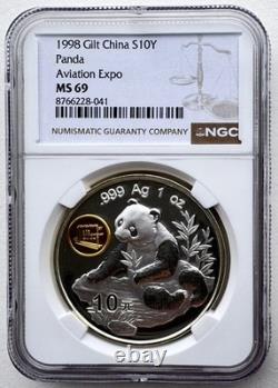NGC MS69 China 1998 International Aviation and Aerospace Panda Silver Coin 1oz