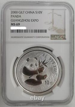 NGC MS69 China 2000 Guangzhou Stamp Coin Expo Panda Silver Coin 10 Yuan 1oz