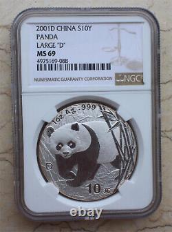 NGC MS69 China 2001 1oz Silver Panda Coin with D Mark