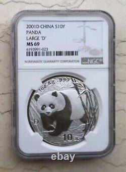 NGC MS69 China 2001 1oz Silver Panda Coin with D Mark