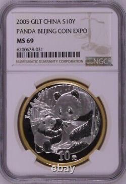 NGC MS69 China 2005 Beijing Coin Expo Panda Gilt Silver Coin 1oz