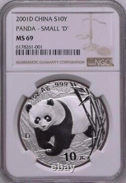 NGC MS69 Chinese Panda Coin 2001D China 2001 Panda 1oz Silver Coin Small D