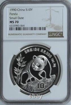 NGC MS70 1990 China Panda 1oz Silver Coin Small Date