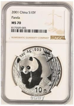 NGC MS70 2001 Silver Panda coin 1oz No D mark 10yuan No D