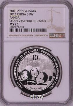 NGC MS70 2013 China 20th Anniversary Shanghai Pudong Bank 1oz Silver Panda Coin