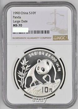 NGC MS70 China 1990 Large Date Panda Silver Coin 1oz 10 Yuan