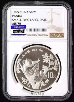 NGC MS70 China 1995 Samll Twig Large Date Panda Silver Coin 1oz