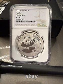 NGC MS70 China 2000 Frosted Ring Panda 1oz Silver Coin 10 Yuan