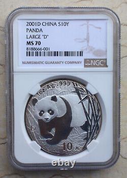 NGC MS70 China 2001 1oz Silver Panda Coin with D Mark