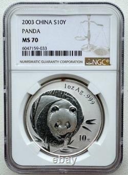 NGC MS70 China 2003 Mirrored Bamboo Panda Silver Coin 1oz 10 Yuan