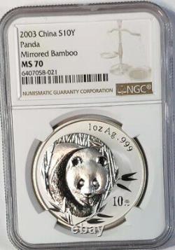 NGC MS70 China 2003 mirrored bamboo panda silver coin 1oz 10 yuan