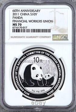 NGC MS70 China 2011 Financial Workers Union 60th Anni Panda Silver Coin 1oz COA