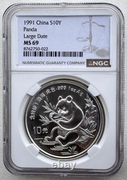 NGC MS 69 China 1991 Large Date Panda Silver Coin 10 Yuan 1oz