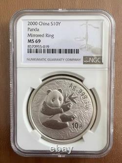 NGC MS 69 China 2000 Mirrored Ring Panda Silver Coin 1oz 10 Yuan