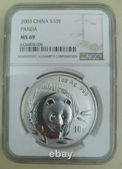 NGC MS 69 China 2003 Frosted Bamboo Panda Silver Coin 1oz 10 Yuan