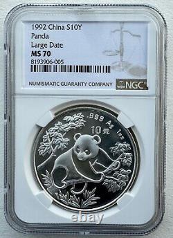 NGC MS 70 China 1992 Large Date Panda Silver Coin 1oz 10 Yuan S10Y PZ Surface