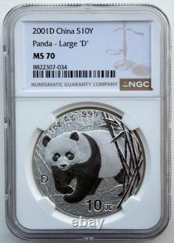 NGC MS 70 China 2001 Large D Panda Silver Coin 1oz 10 Yuan