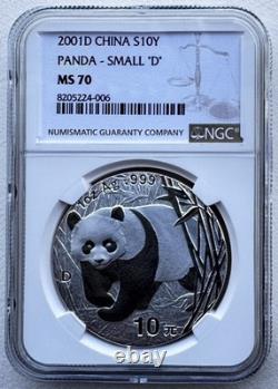 NGC MS 70 China 2001 Small D Panda Silver Coin 1oz 10 Yuan
