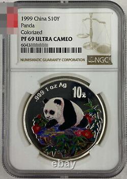 NGC PF69 China 10yuan 1oz coin 1999 China Panda colorized silver coin no COA