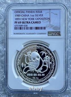 NGC PF69 China 1989 The 18th New York Expo Panda Silver Medal 1oz with COA Box