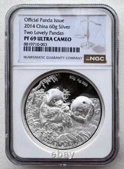 NGC PF69 China 2014 Nanjing Mint Two Lovely Panda Silver Medal 60g
