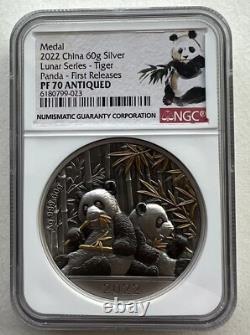 NGC PF70 China 2022 Lunar Tiger Year Panda Tiger Antiqued Silver Medal 60g