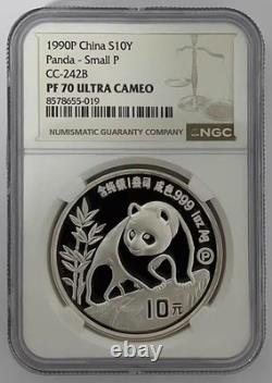 NGC PF 70 China 1990 Small P Panda Silver Coin 1oz 10 Yuan