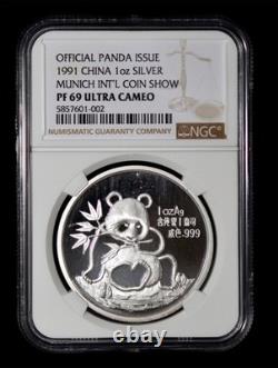 Ngc Pf69 Uc 1991 Silver China Panda Munich International Show 1 Oz Proof Coin