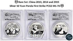 Rare Set China 2013, 2014, 2015 Silver 10 Yuan Panda First Strike PCGS MS-70