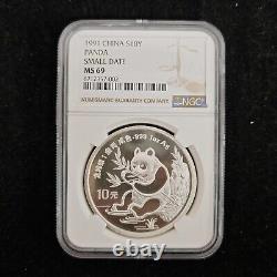 Small Date 1991 China 10 Yuan 1 oz Panda Silver Coin NGC MS69
