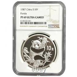 1987 Panda argentée chinoise 1 oz 999 10 yuans NGC PF69 Ultra Cameo