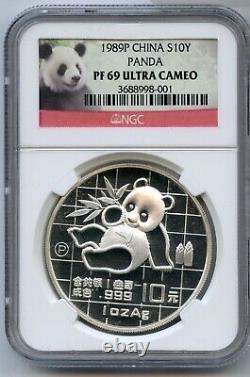 1989 Chine Chinois Panda 1 Oz Argent Proof 999 Pièce Ngc Pf69 10y Yuan Jp281