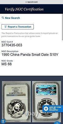 1990 Chine 10 YN Panda en argent 1 oz NGC MS 68 Vérifié par Sigma Metalyics Rare