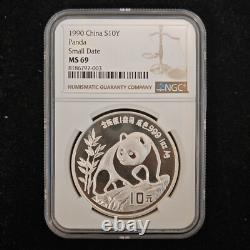 1990 Chine 10 Yuan 1 oz Pièce d'Argent Panda NGC MS69 Petite Date