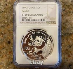 1991 1 once 10 Yuan Chine Pièce d'Argent Panda PR69 Preuve