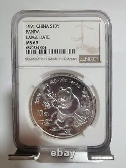 1991 Chine 10YUAN pièce d'argent panda NGC ms69