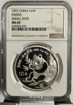 1991 Chine 10 YUAN pièce en argent panda 1 oz NGC MS 69 Petite date
