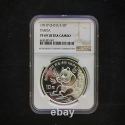 1991 Chine 10 Yuan 1 once Panda pièce en argent NGC PF69