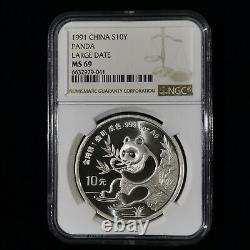1991 Chine 10 Yuan 1 oz Ag. 999 Panda Pièce d'argent NGC MS69 Grande Date