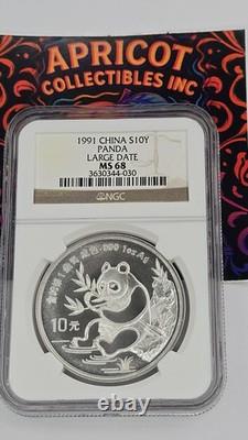 1991 Chine 10 Yuan 1 oz Ag. 999 Pièce en Argent Panda NGC MS68 Grande Date