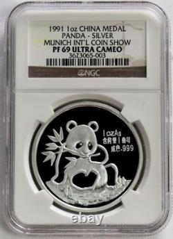 1991 Chine argent 1 oz épreuve Salon international de la monnaie de Munich Panda NGC PF 69 UC