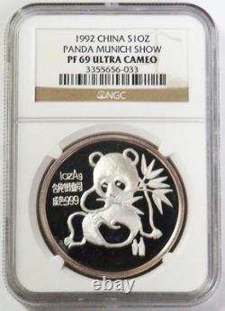1992 CHINE ARGENT 10 YUAN PANDA SALON DE MUNICH 1 oz NGC PF 69 ULTRA CAMEO