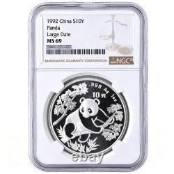 1992 Panda argent Chine grande date 1 oz 999 pièce de 10 yuans NGC MS69