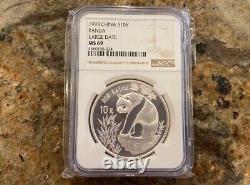 1993 1 oz 10 Yuan Chine Pièce en Argent Panda Grande Date MS 69