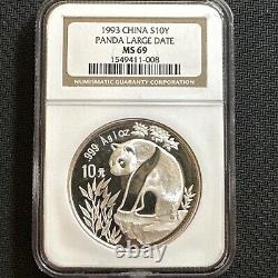 1993 Chine Argent 1oz Ag. 999 Panda Grande Date 10 Yuan NGC MS 69