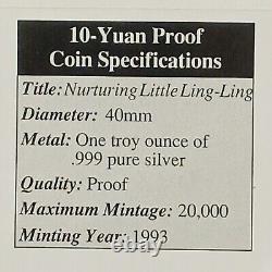 1993 Chine Panda Épreuve 1oz. 999 Pièce en argent Mintage bas 20 000