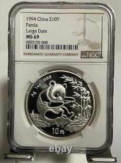 1994 Chine 10 YUAN 1 oz pièce en argent panda NGC MS 69 grande date